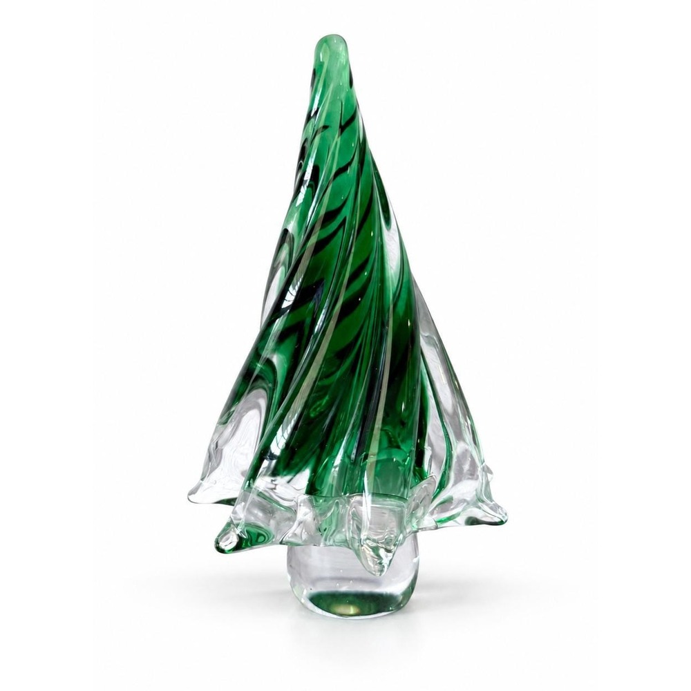 Vintage Murano Style 6" Green Clear Hand-Blown Art Glass Christmas Tree Figurine - Picture 2 of 7